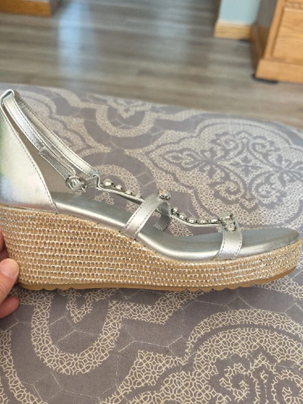 Naturalizer Silver T-Strap Jeweled Wedge Sandals